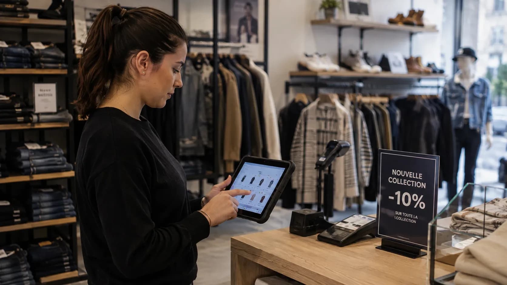 Employé de magasin utilisant une tablette durcie 