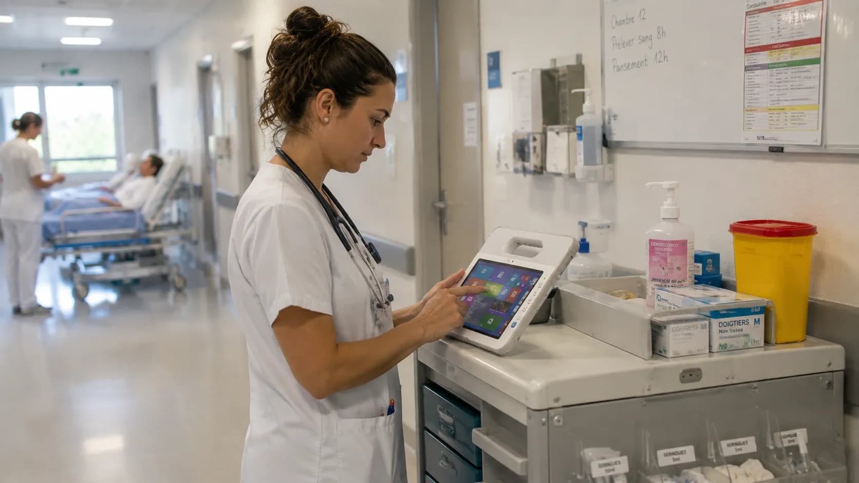 Professionnel de santé consultant une tablette durcie 