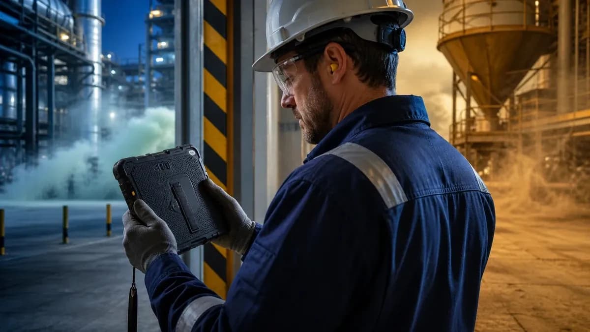 Technicien contrôlant une tablette professionnelle dans un environnement industriel soumis à des contraintes ATEX.