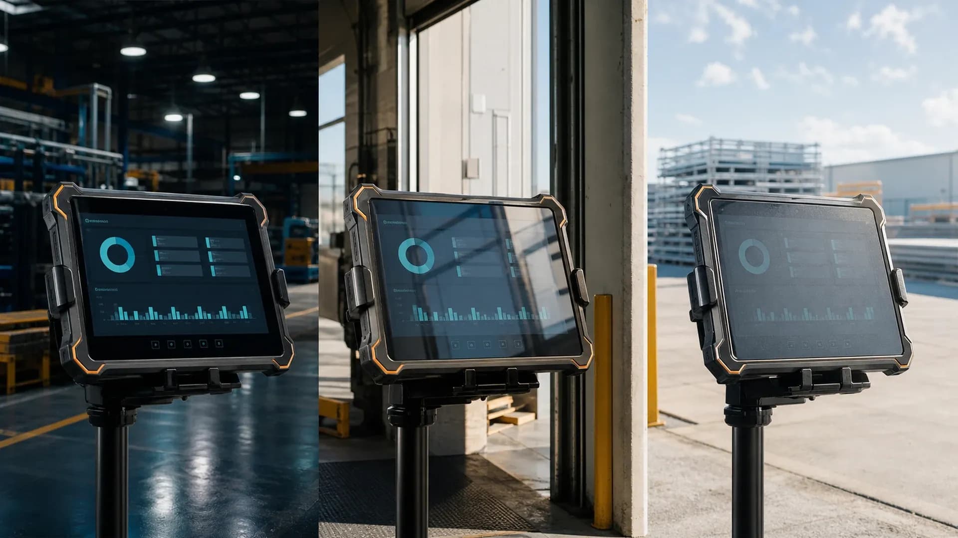 La même tablette professionnelle comparée en intérieur, près d’une ouverture lumineuse et en plein soleil.