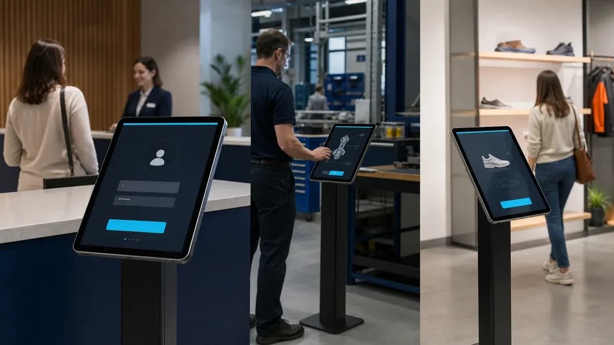 Tablettes en mode kiosque utilisées pour l’accueil, la production et le libre-service en magasin.